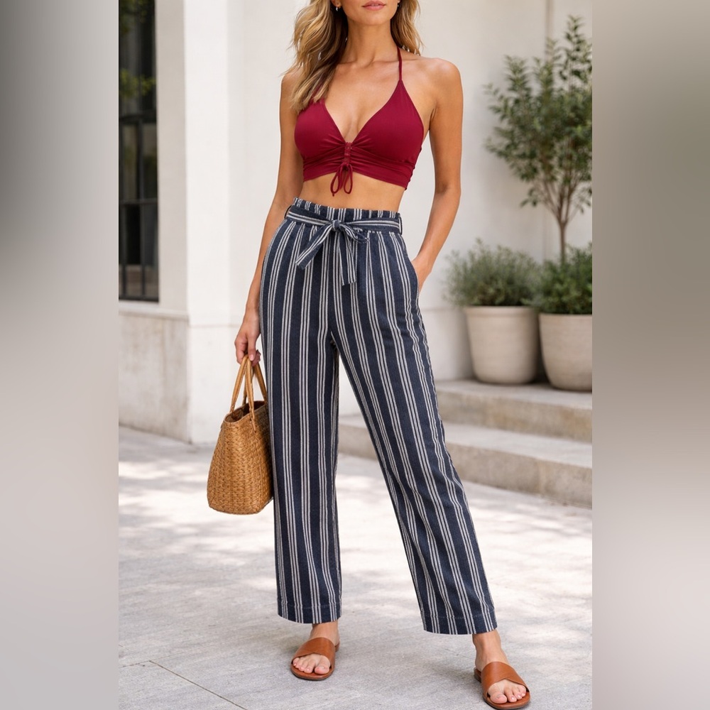 MADEWELL Blue & White Stripe Linen Paperbag Ankle Pants Coastal Vacation Sz: 0 - Picture 2 of 16